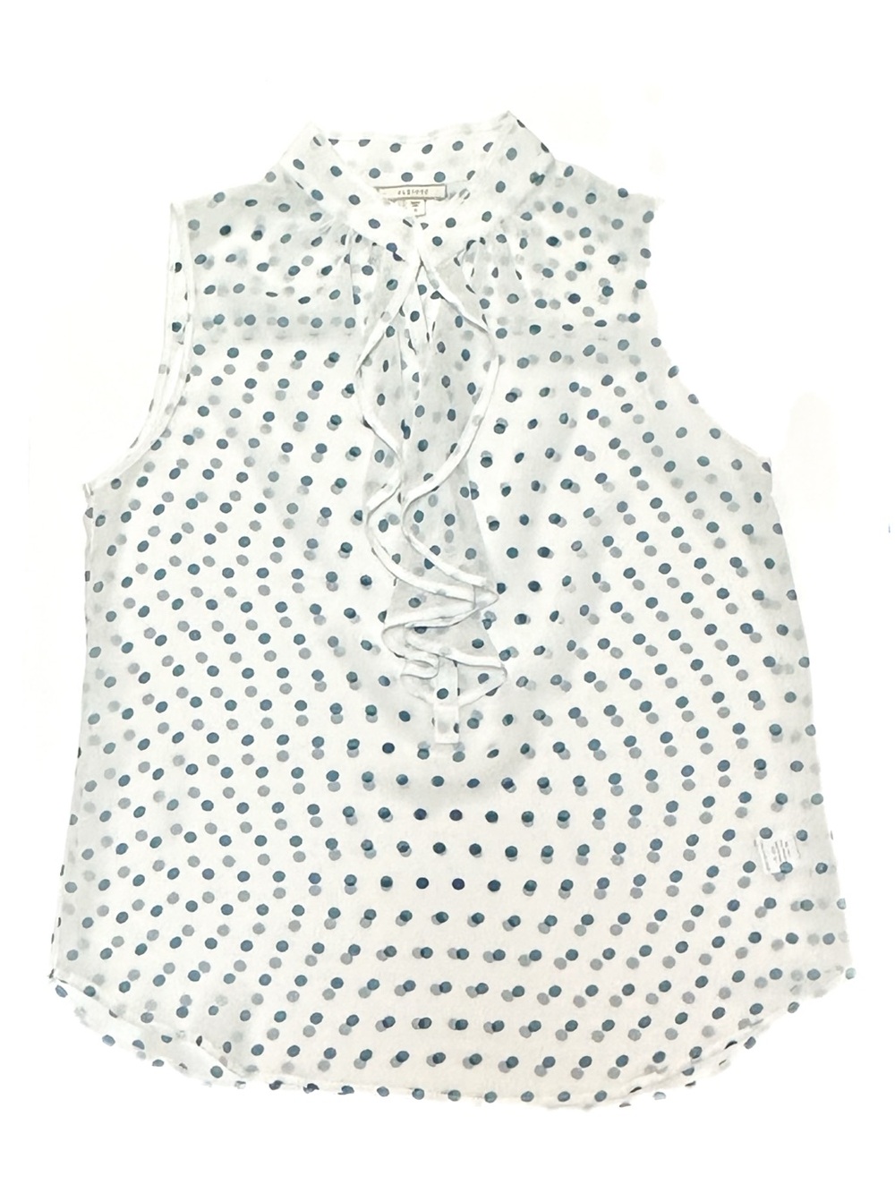 Pleione Sheer Chiffon Cerulean Blue Polka Dot Sleeveless Tuxedo Shirt Blouse